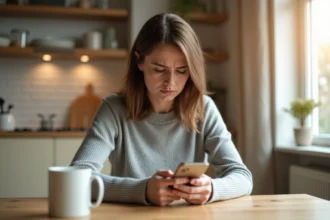 Femme consultant son smartphone à la cuisine pour retrouver des messages supprimés