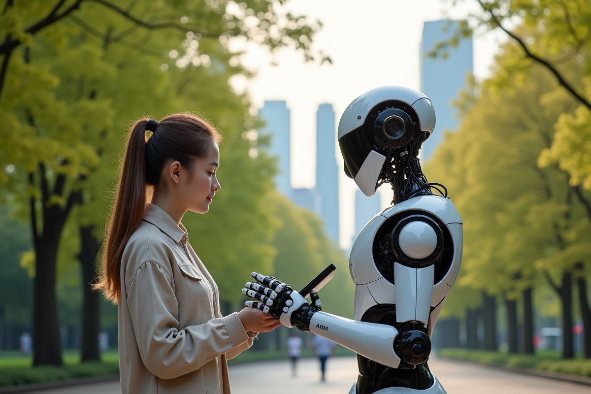 Jeune femme interagissant avec un robot humanoide dans un parc urbain ensoleille