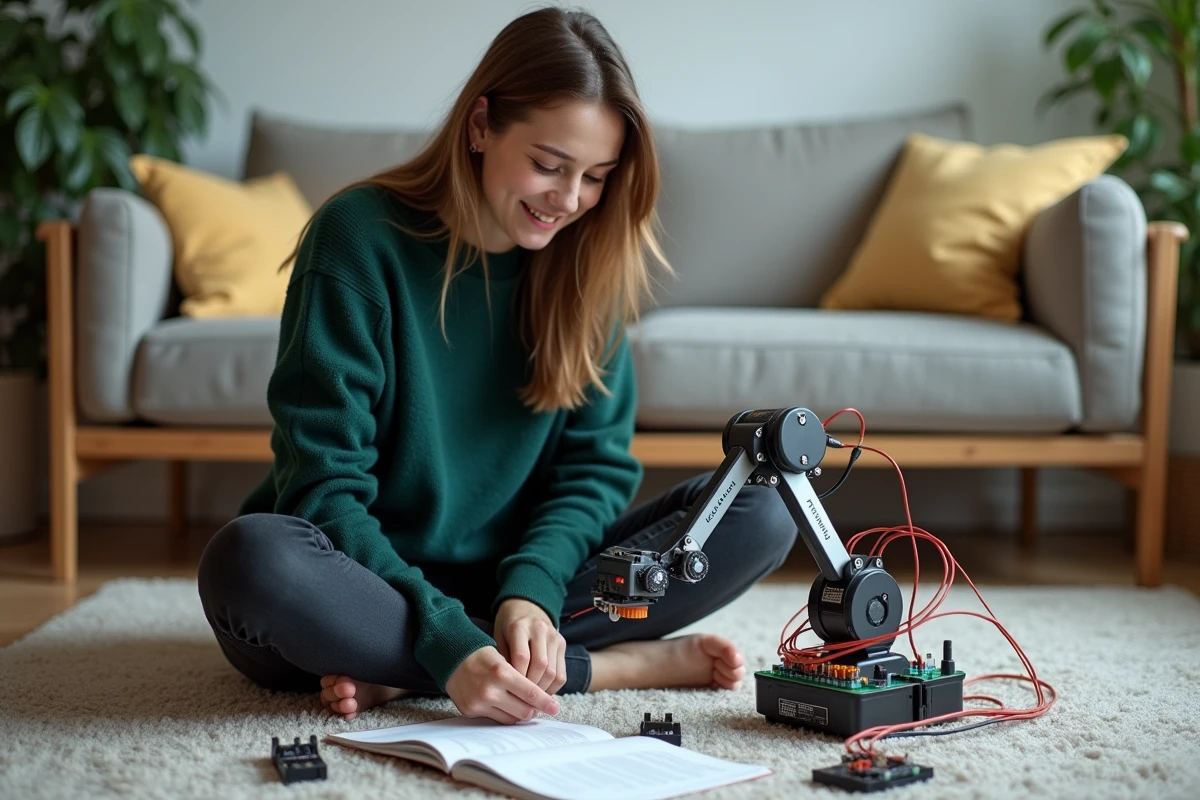 Jeune femme configure un robot avec circuit et câbles