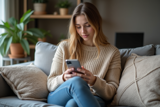 Jeune femme assise sur un canapé avec smartphone dans un salon cosy
