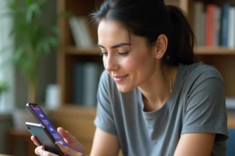 Femme tenant un smartphone Samsung et accédant à la corbeille via le gestionnaire de fichiers natif