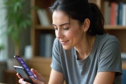 Femme tenant un smartphone Samsung et accédant à la corbeille via le gestionnaire de fichiers natif