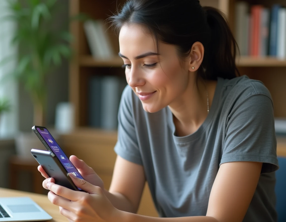 Femme tenant un smartphone Samsung et accédant à la corbeille via le gestionnaire de fichiers natif