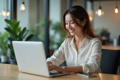 Jeune femme professionnelle souriante devant son ordinateur