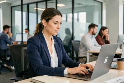 Femme professionnelle sécurisant ses emails sur un ordinateur portable dans un bureau moderne en 2026