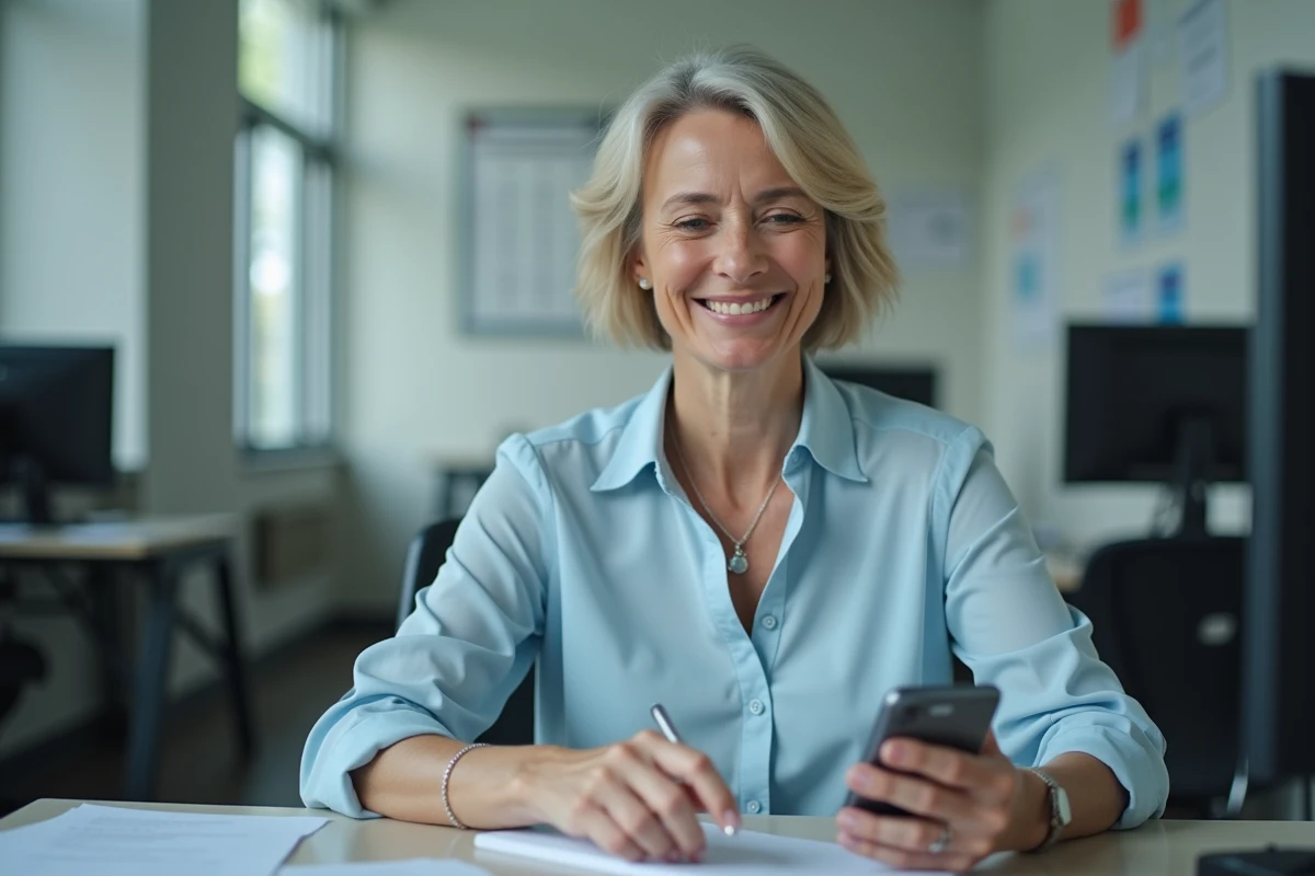 Femme souriante utilisant son smartphone au bureau