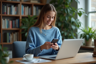 Jeune femme utilisant son smartphone dans un bureau à domicile
