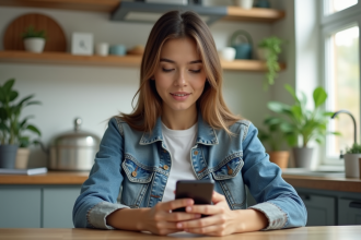 Jeune femme utilisant un smartphone dans une cuisine lumineuse