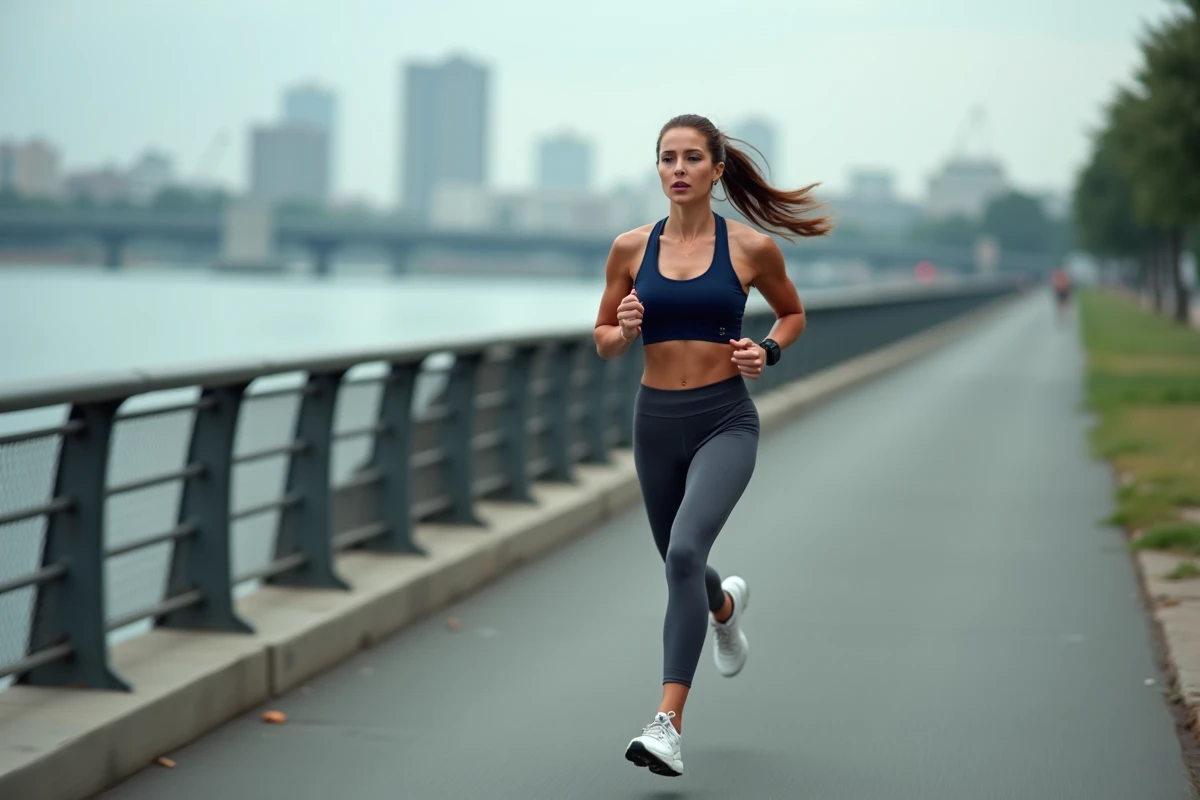 Femme athlète en plein sprint sur un chemin urbain lors d'un entraînement pour améliorer son record au test PCS