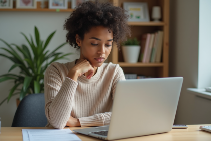 Jeune femme concentrée devant son ordinateur dans un bureau à domicile