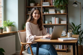 Jeune femme travaillant à domicile avec un ordinateur portable