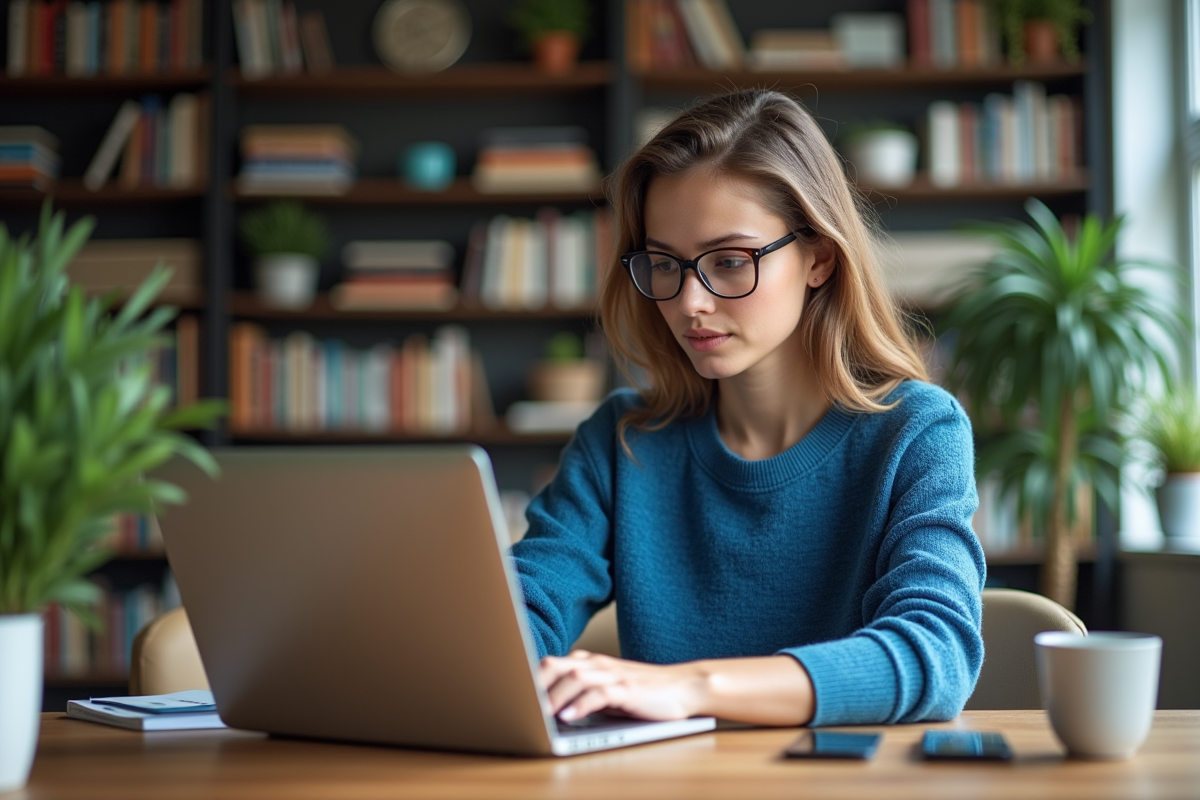 Jeune femme en bureau moderne travaillant sur un ordinateur portable