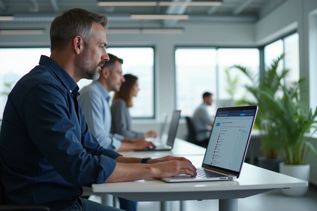 Homme consultant les paramètres de filtres intelligents sur un webmail universitaire depuis un bureau debout en espace de travail ouvert