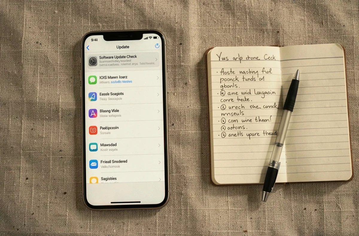 Flat lay d'un iPhone affichant une liste de vérification avant la mise à jour iOS 18.4.1 avec un carnet et un stylo