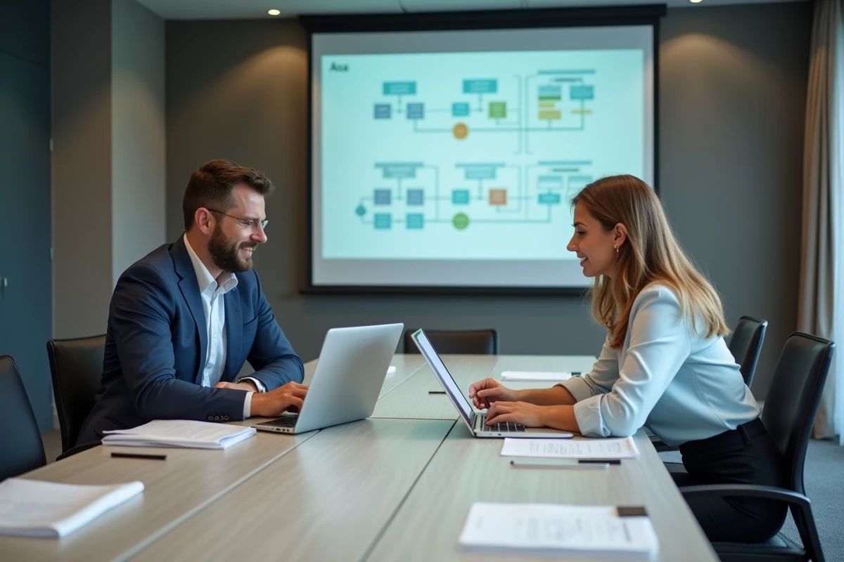 Deux professionnels de l'hôtellerie étudiant un schéma d'interface de système de gestion hôtelière lors d'une formation