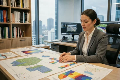 Géomaticienne analysant des cartes SIG et des schémas de modèle logique dans un bureau d'urbanisme moderne