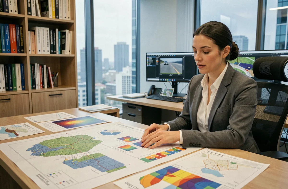 Géomaticienne analysant des cartes SIG et des schémas de modèle logique dans un bureau d'urbanisme moderne