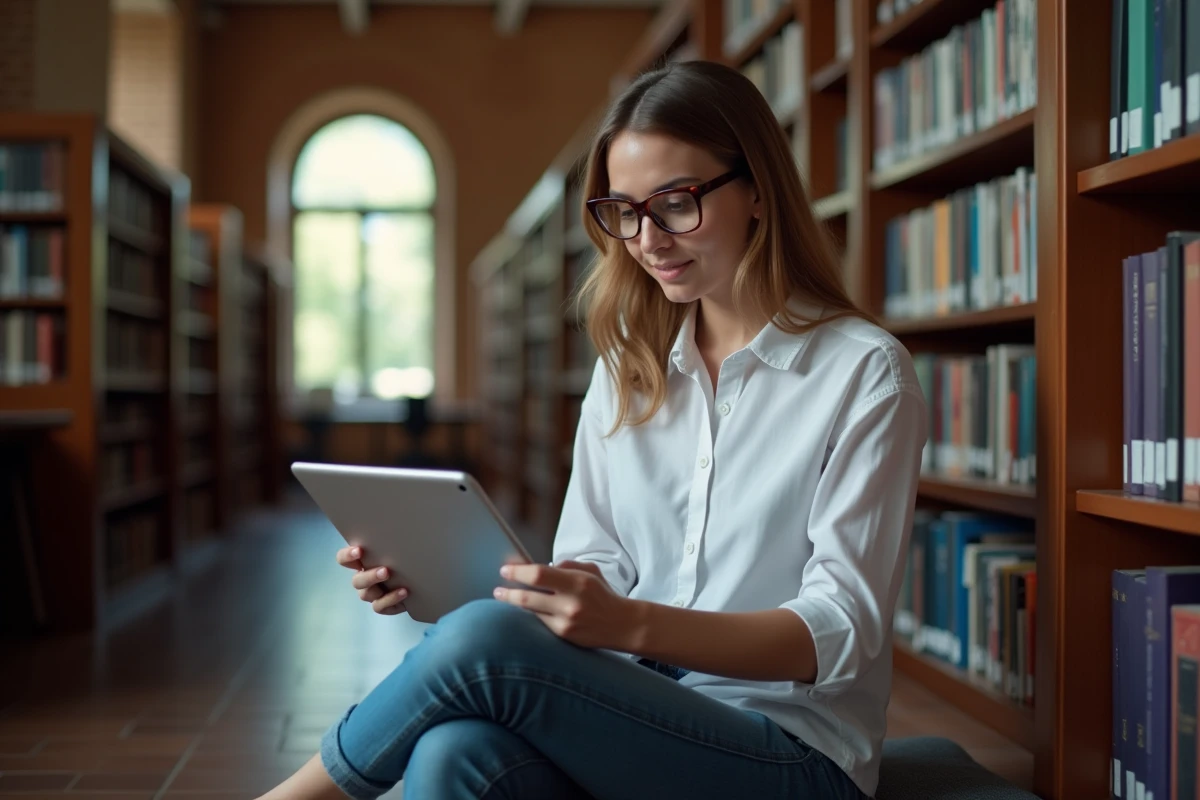 Étudiante gérant ses emails avec des dossiers colorés et des filtres automatiques sur une tablette dans une bibliothèque universitaire