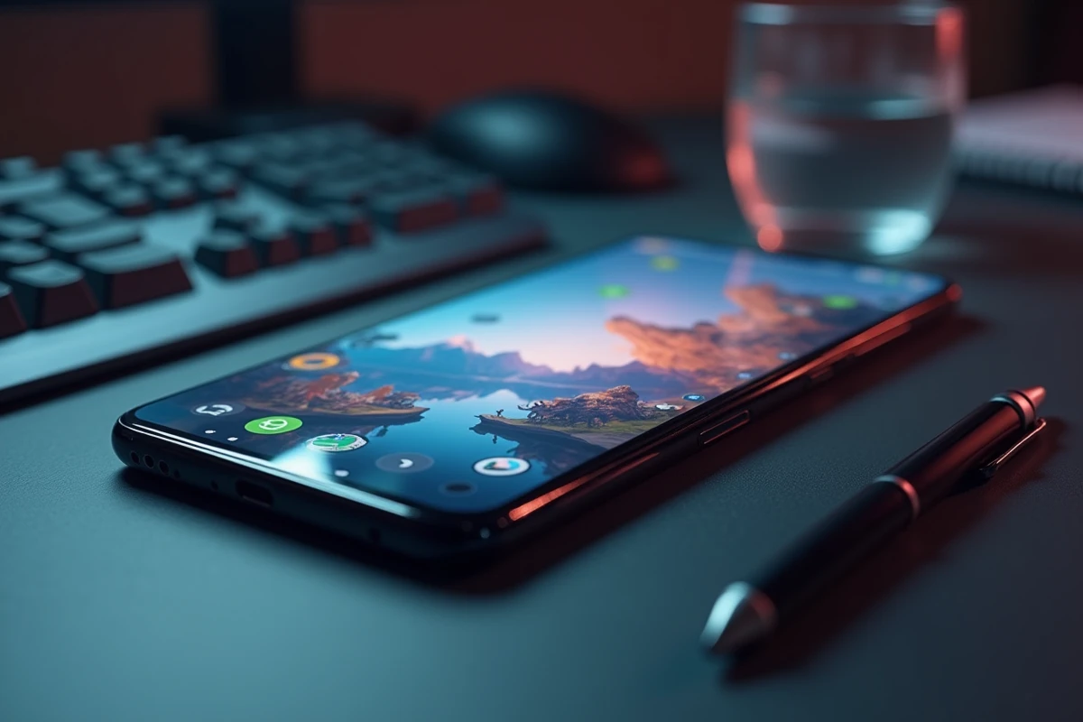 Google Pixel 8 Pro posé sur un bureau gaming affichant un jeu mobile avec interface HUD colorée