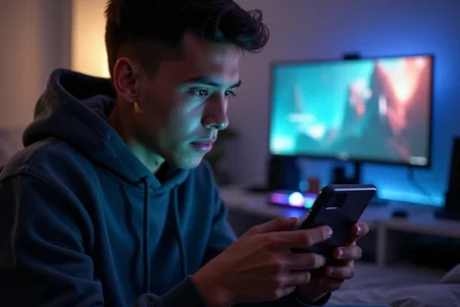 Jeune homme tenant un Google Pixel 8 Pro en mode paysage pour jouer à un jeu mobile dans une chambre gaming