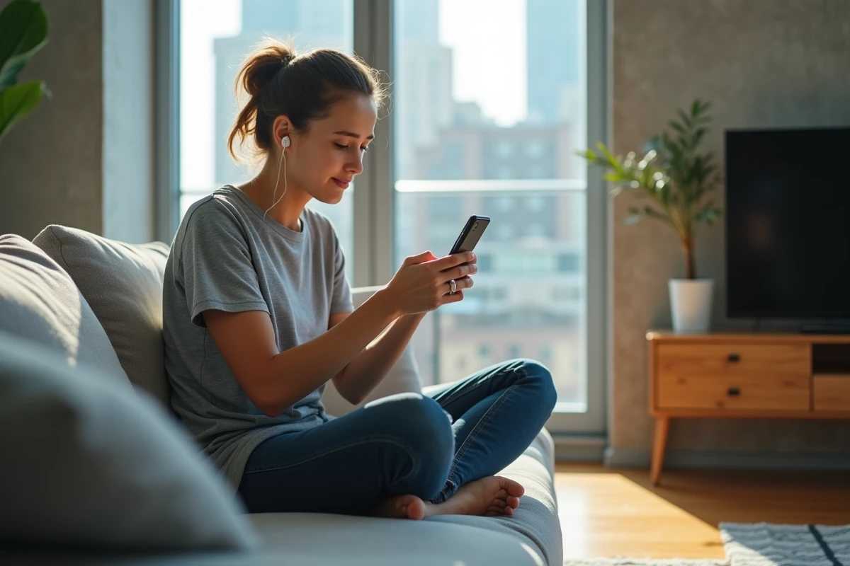 Jeune femme jouant à un jeu mobile sur Google Pixel 8 Pro assise dans un salon moderne avec vue sur la ville