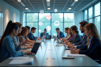 Groupe d'étudiants et professionnels collaborant autour d'une table avec hologrammes d'IA