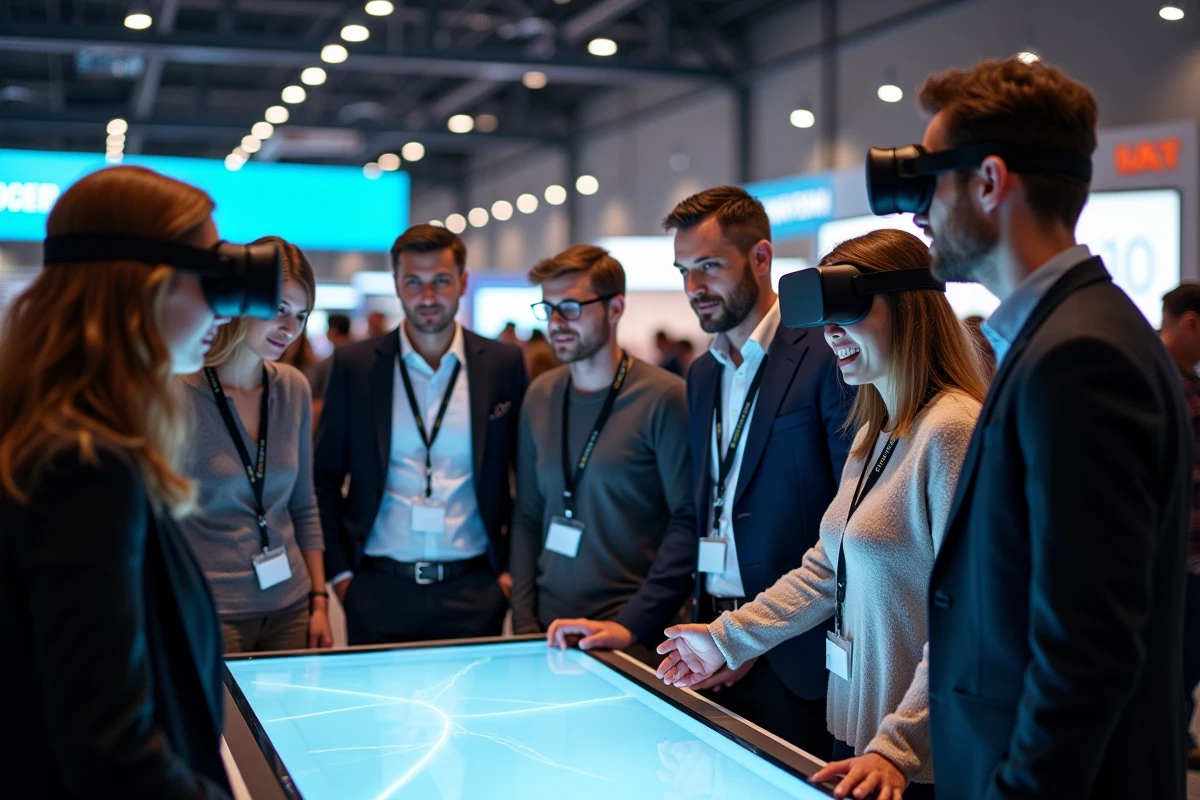 Groupe de passionnes tech lors d une demonstration VR en expo