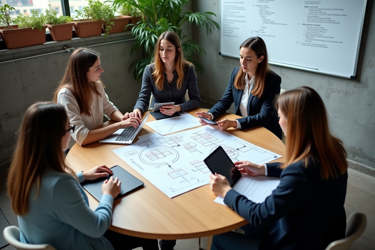 Groupe de trois personnes collaborant autour de diagrammes blockchain sur une table