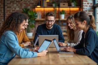 Groupe de jeunes adultes en coworking autour d'une table