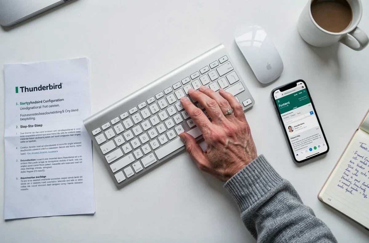 Vue de dessus d'un bureau avec guide imprimé de configuration Thunderbird, clavier et smartphone