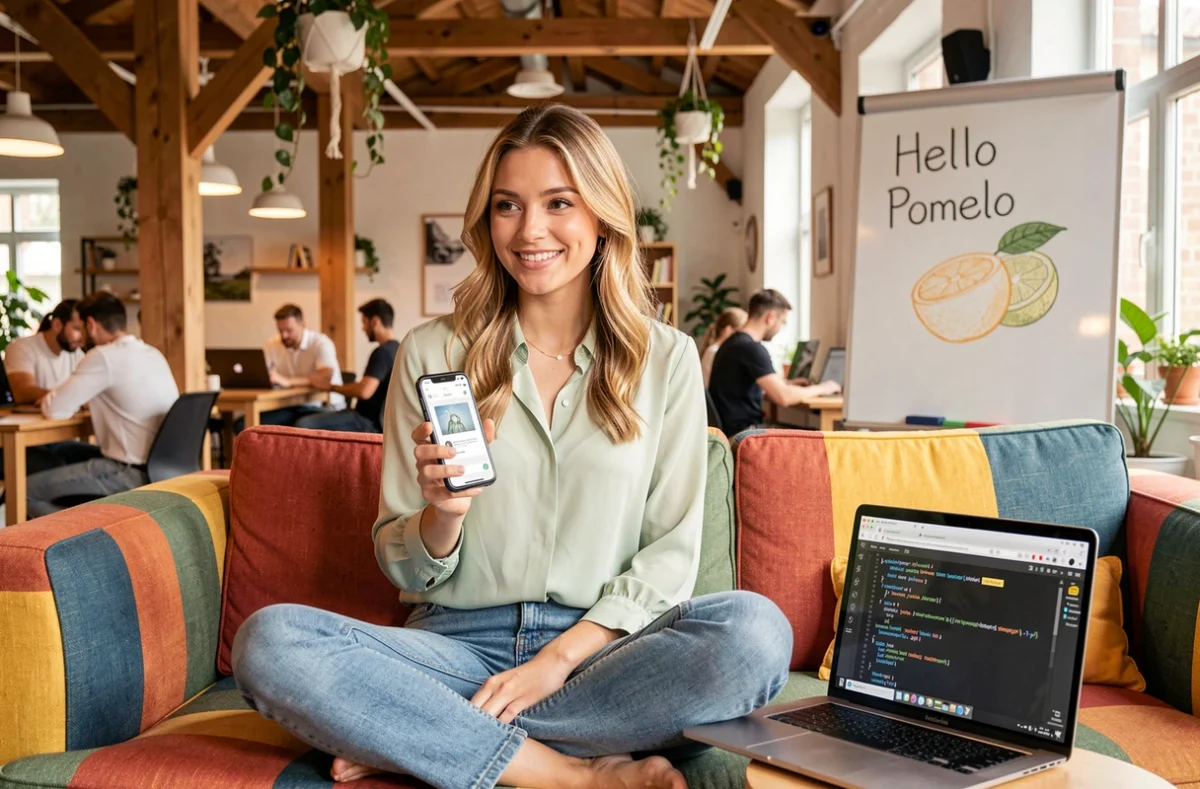 Développeuse de Hello Pomelo à Lille testant un prototype d'application mobile sur smartphone dans un espace de travail collaboratif lumineux