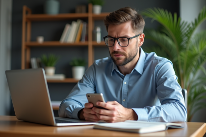 Homme concentré sur son smartphone avec erreur 2FA