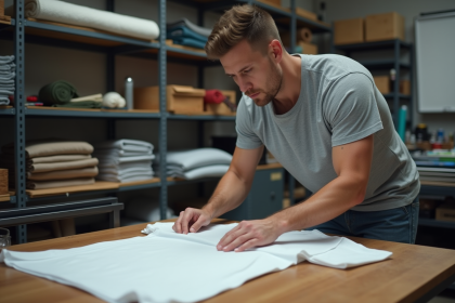 Homme concentré appliquant un transfert DTF sur un t-shirt blanc