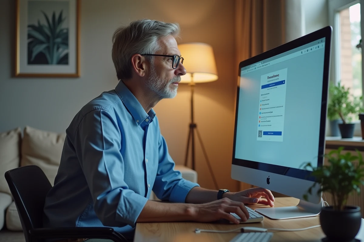 Homme consultant sa boîte mail AOL sur un ordinateur de bureau pour télécharger des fichiers joints lourds