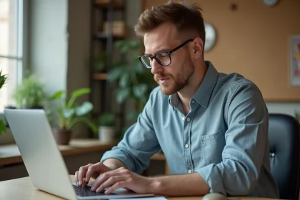 Homme au bureau moderne travaillant sur son ordinateur