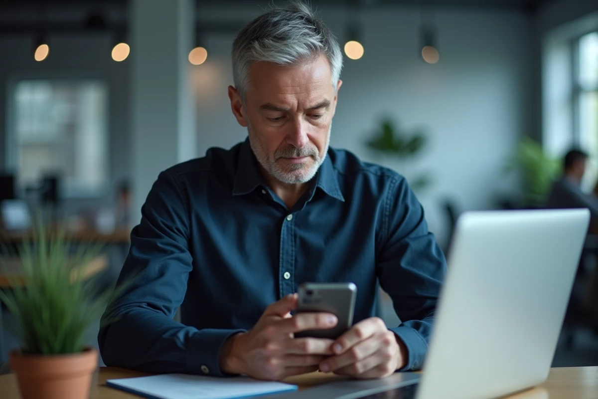 Homme au bureau cherchant à récupérer des messages effacés sur son téléphone Android