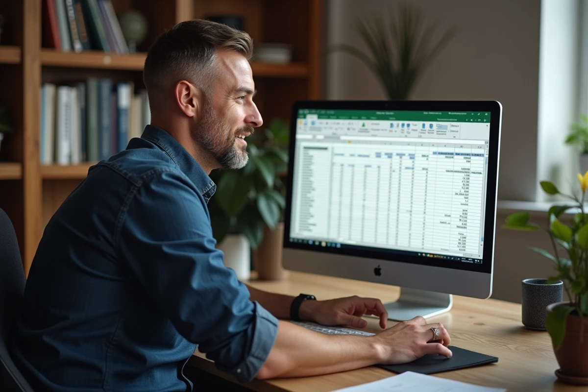Homme travaillant sur un tableau Excel de calcul de pourcentage de variation de prix depuis son bureau à domicile