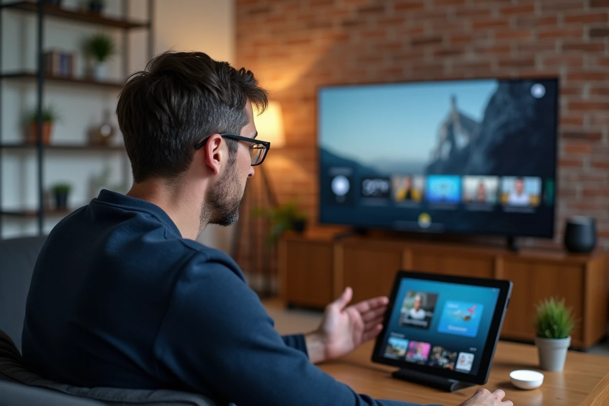 Homme donnant une commande vocale à un Google Nest Hub pour piloter un Chromecast dans un appartement urbain