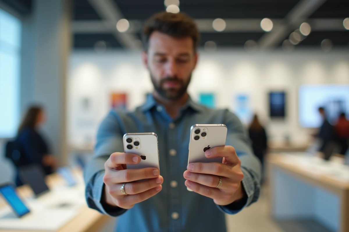 Homme aux petites mains comparant deux tailles d'iPhone dans une boutique de technologie moderne