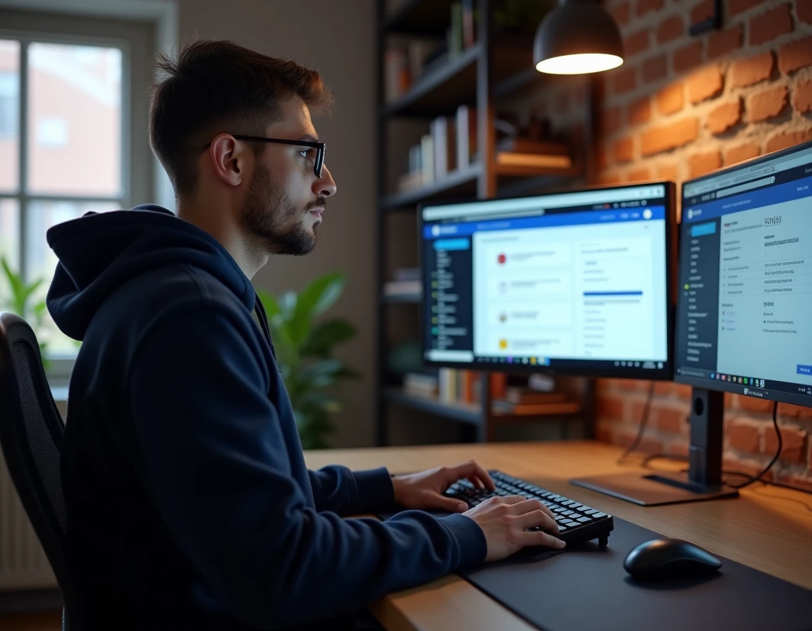 Homme utilisant un compteur de caractères en ligne sur double écran pour optimiser une publicité Facebook Ads dans un bureau à domicile