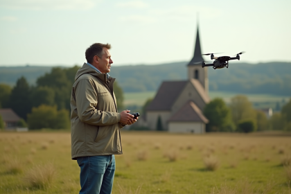 Homme français contrôlant un drone dans un champ