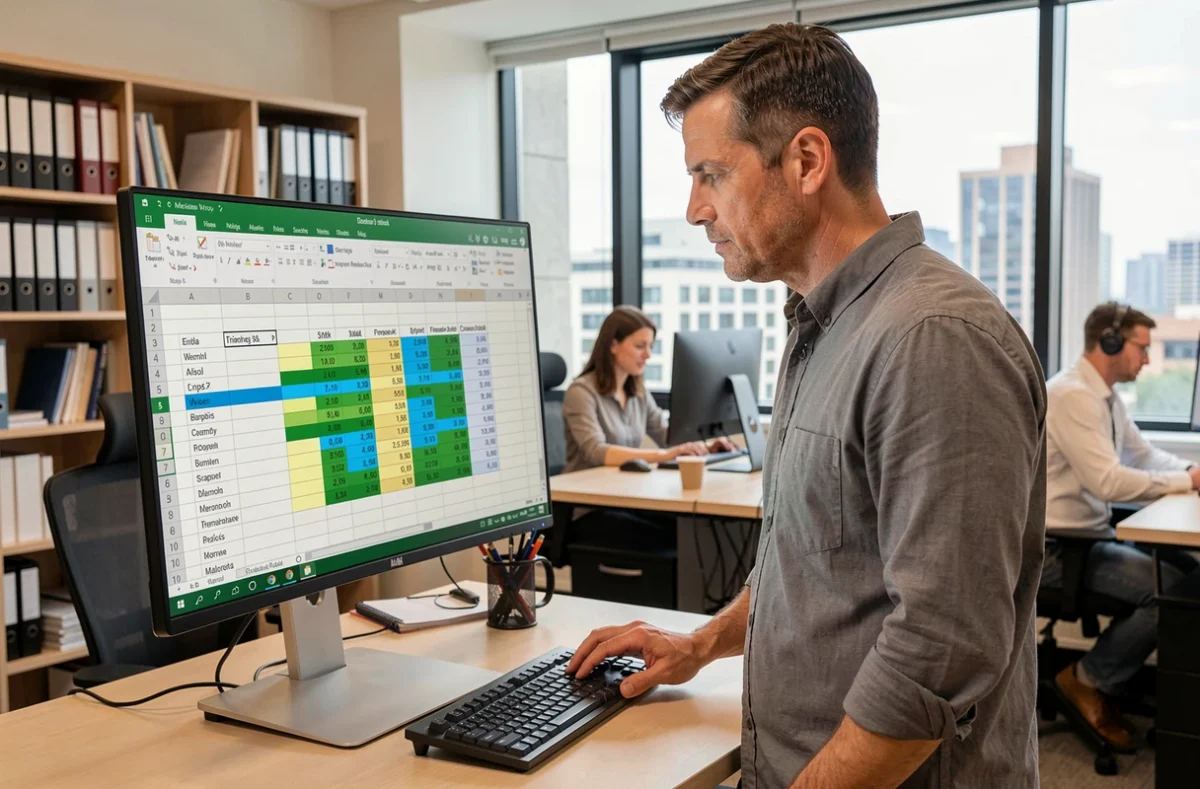 Homme consultant un grand écran Excel avec un tableau inversé grâce à la formule TRANSPOSE dans un bureau moderne