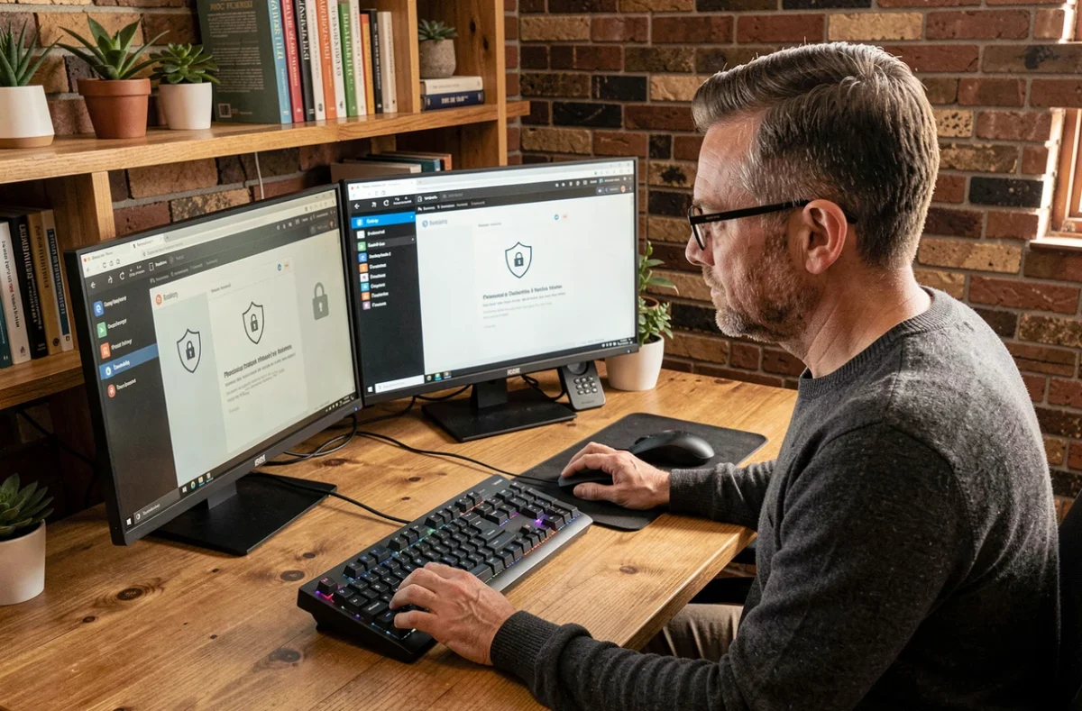 Homme travaillant sur des emails chiffrés depuis son bureau à domicile avec double écran sécurisé
