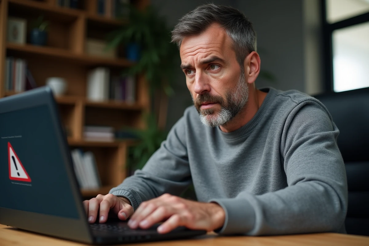 Homme frustré devant un message d'erreur de plugin Silverlight sur son ordinateur portable