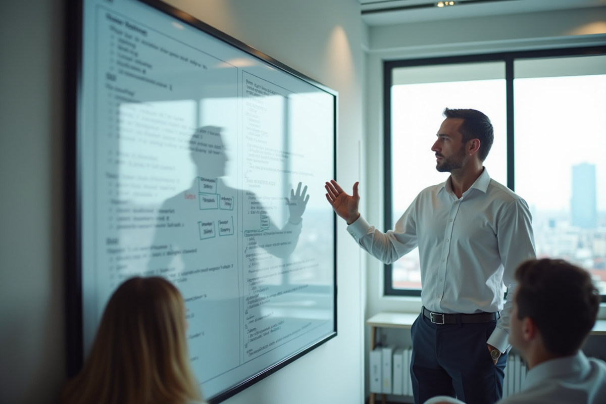 Homme en réunion expliquant des schémas de code sur un tableau blanc