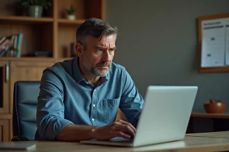 Homme d'âge moyen frustré devant son ordinateur à la maison