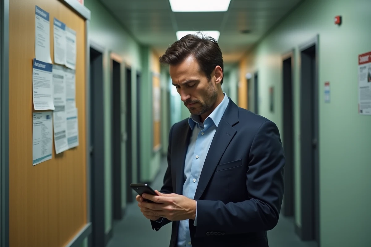 Homme dans un couloir administratif vérifiant son smartphone