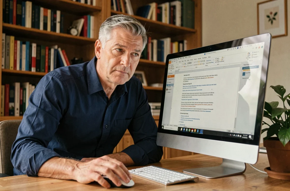 Homme en home office consultant un document Word avec effet miroir affiché sur grand écran