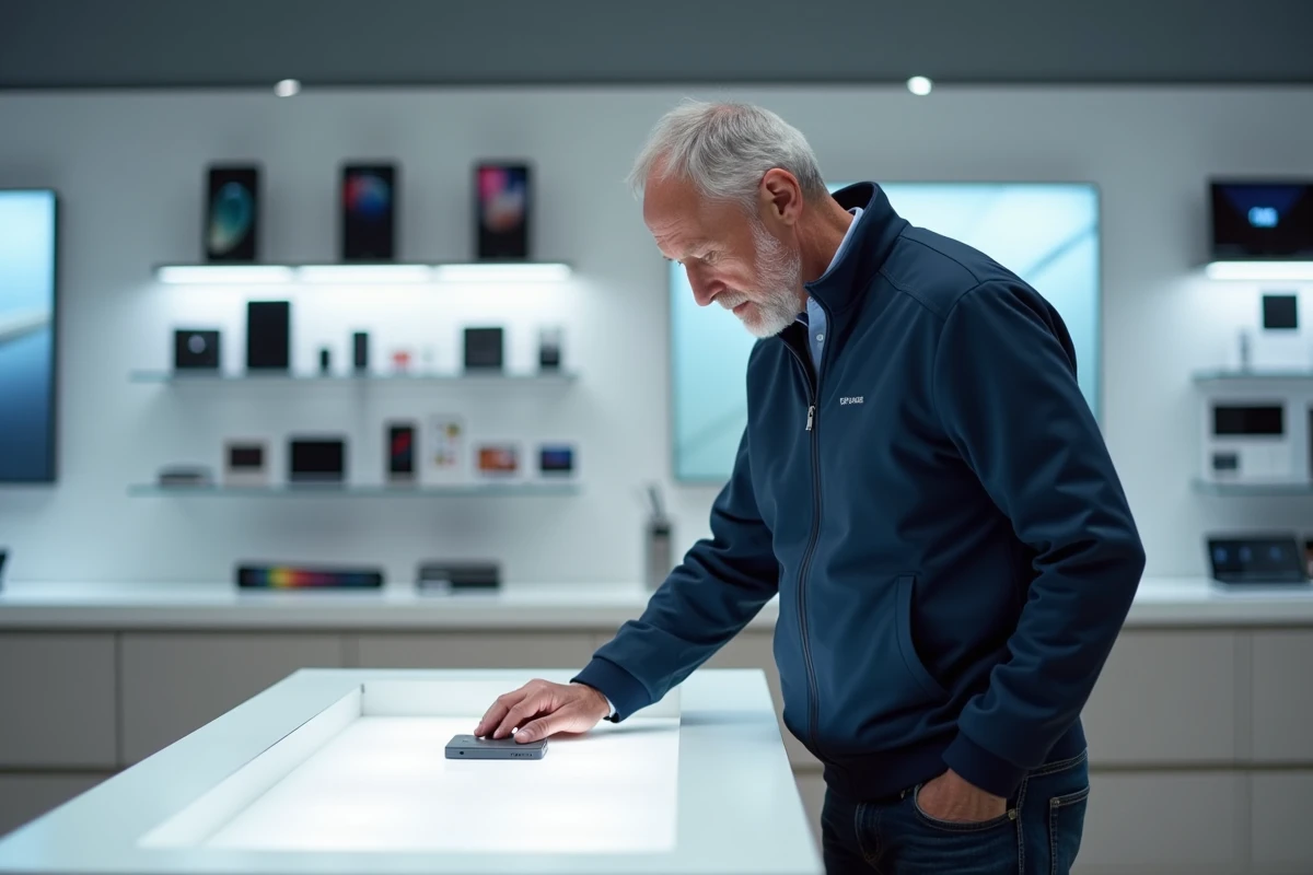 Homme examinant un modèle iPhone SE dans un magasin d'électronique, hésitant avant l'achat