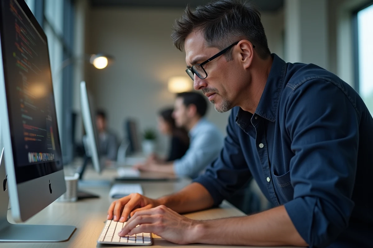 Homme au bureau utilisant un Magic Keyboard Apple pour taper le caractère tilde sur Mac